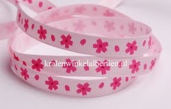 Lichtroze lint met bloemetjes grosgrain 10mm