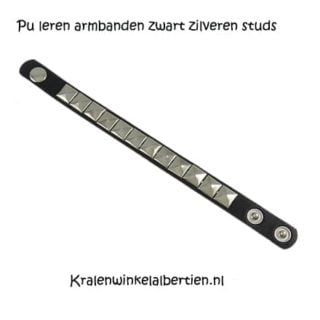 Pu leren armbanden zwart met zilveren studs zilver zwarte drukknopen drukknoop verstelbaar goedkoop