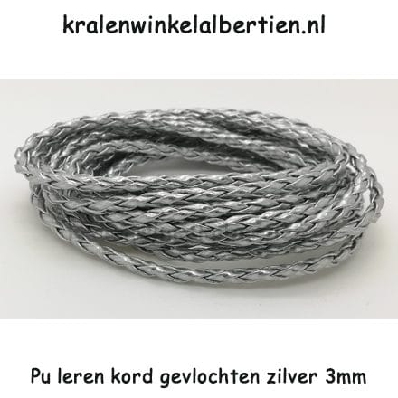 Zilveren Imitatie leer koord 3mm gevlochten 3mm