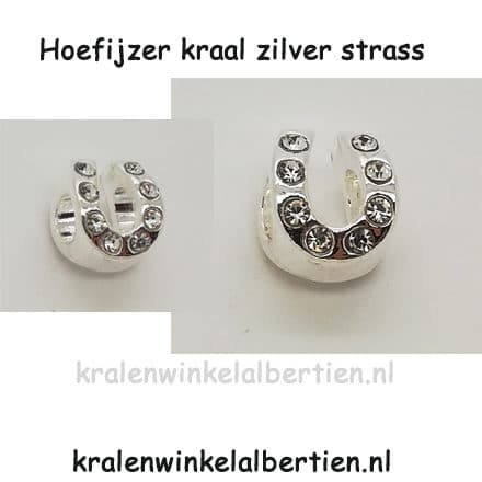 Metalen kralen zilver hoefijzer strass groot rijggat