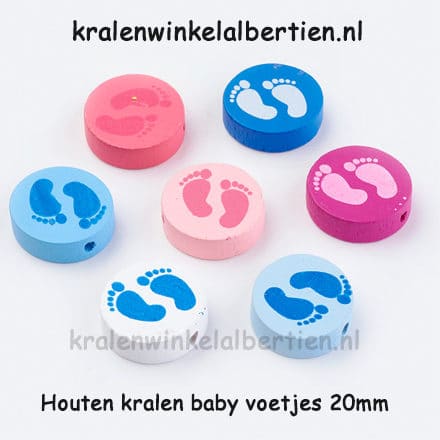 Kraal hout plat ronde blauwe en roze baby voetjes