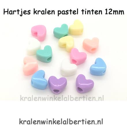 Kunststof kraal hartje pastel kleuren mix 12mm groot rijg gat