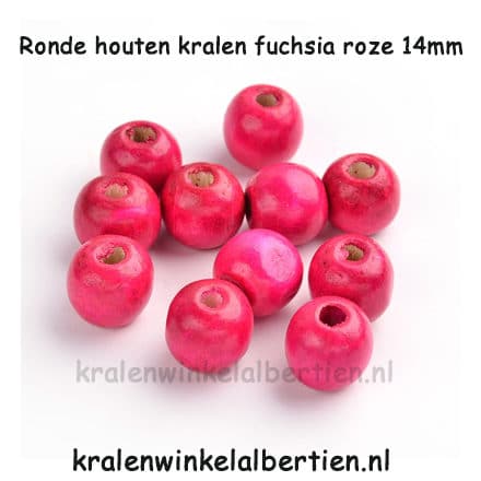 Kraal hout rond fuchsia roze 14mm groot gat