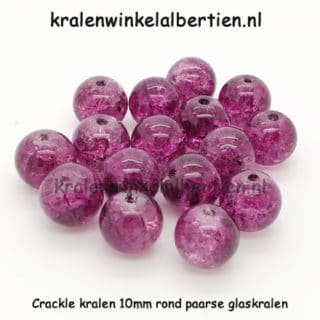 Glazen kraal 10mm rond paars crackle