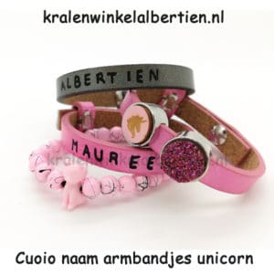 Armbandje roze grijs unicorn cuoio kralen poes roze