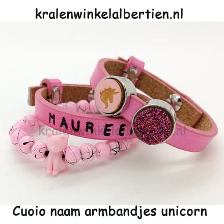 Cuoio armband met naam unicorn druzy cabochons