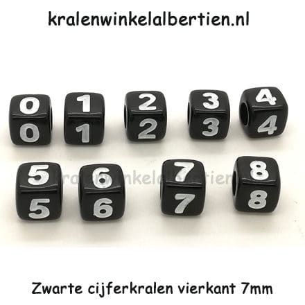 Cijferkraal 0 t/m 9 sos armbandjes maken 7mm zwart wit vierkant