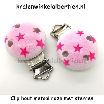 Houten clip roze met sterren metaal