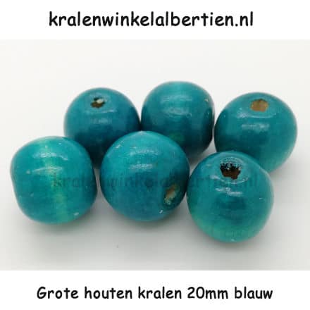 Kraal rond hout groot rijg gat 20mm blauw