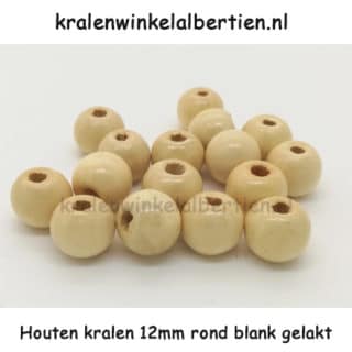 Blanke ronde kraal hout 12mm gelakt groot gat