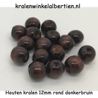 Ronde kraal hout donker bruin gelakt 12mm groot gat