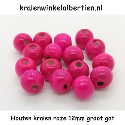 Kraal gemaakt van hout 12mm groot roze rond