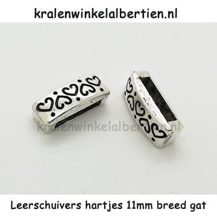 Zilveren leerschuif kraal hartjes 11mm groot gat