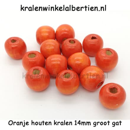 Kraal hout oranje 14mm groot gat rond