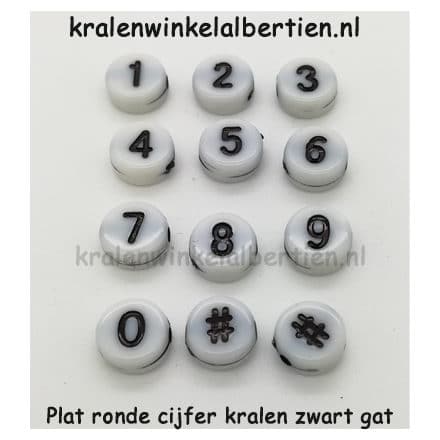 Cijferkralen 7mm plat rond alle cijfers en hashtag