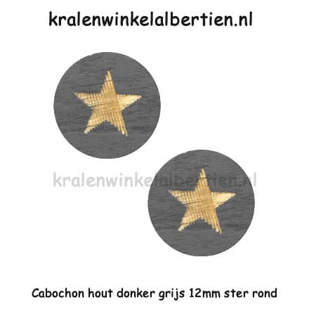 Houten cabochons donkergrijs sterren rond 12mm