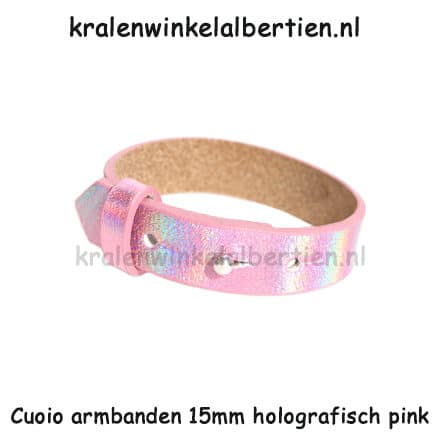 Leren cuoio armband 15mm breed verstelbaar roze dames