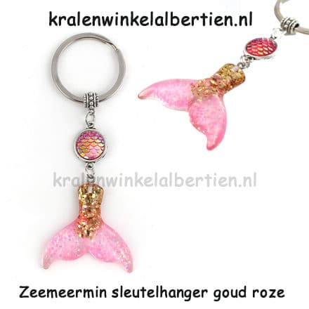 Zeemeerminnen sleutelhanger ring bedeltje zef maken met naam roze goud glitter cabochons