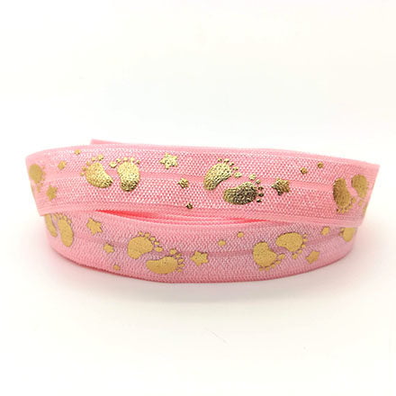 Baby roze elastisch lint 15mm breed babyvoetje ster goud armbandjes zelf maken genderparty babyshower ideeën