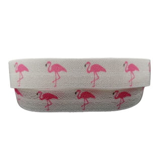 Elastiek lint met flamingo's roze wit 1.5mm breed