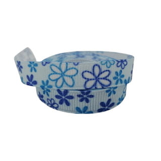 Grosgrain lint blauw met bloemetjes 10mm