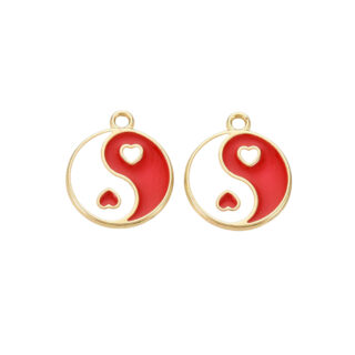 Plat ronde bedeltjes rood wit goud yin yang hartje