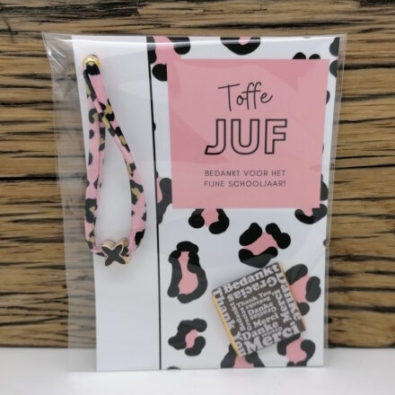 Armband cadeautje juf panter roze wenskaart