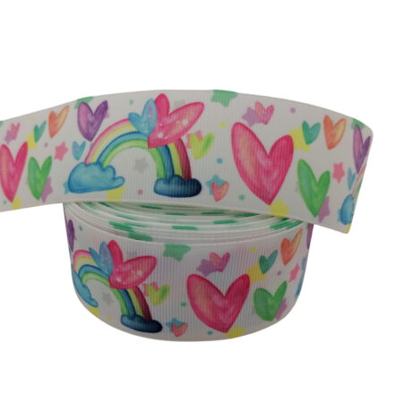 Regenboog lint wit gekleurd hartjes 4cm breed grosgrain