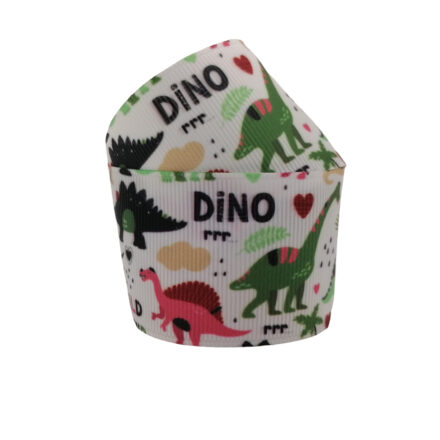 Dinosaurus lint grosgrain 3.8cm breed wit gekleurd