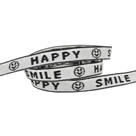 Happy smile lint met tekst zwart wit 10mm 1 meter