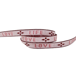 Lint met tekst love life 1cm breed roze rood