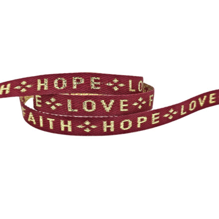 Lint met tekst love faith hope red gold 10mm 1 meter