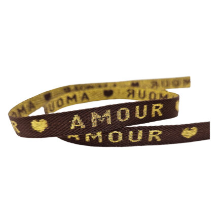 Lint met tekst amour brown gold 10mm 1 meter