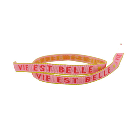 Lint met teskt la vie est belle roze geel 10mm 1 meter