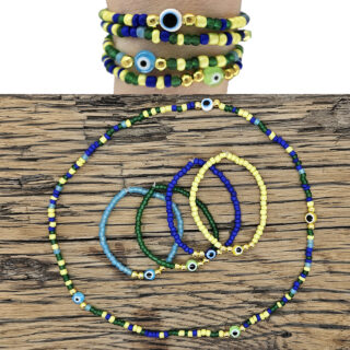 Blauw groen gele evil eye armbandjes set rocaille kralen rijgen