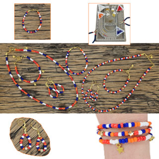 DIY rocaille pakket rood wit blauw oranje goud armbandjes ketting oorbellen zelf maken