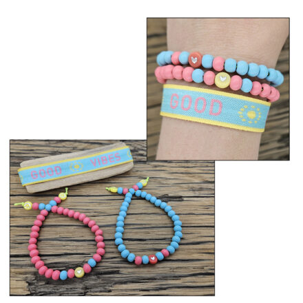 Zelf armbanden maken good fibes met tekst roze blauw geel