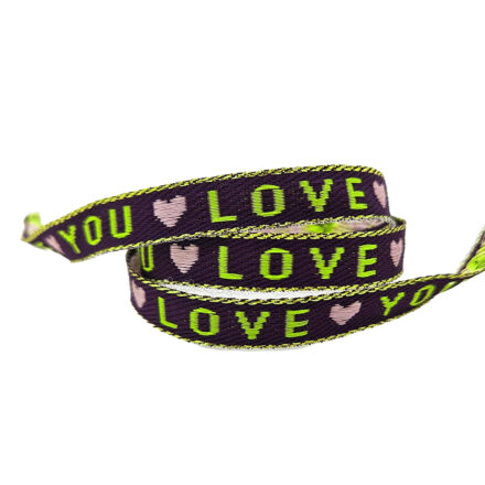 Armbanden lint met tekst love hartjes paars lime groen