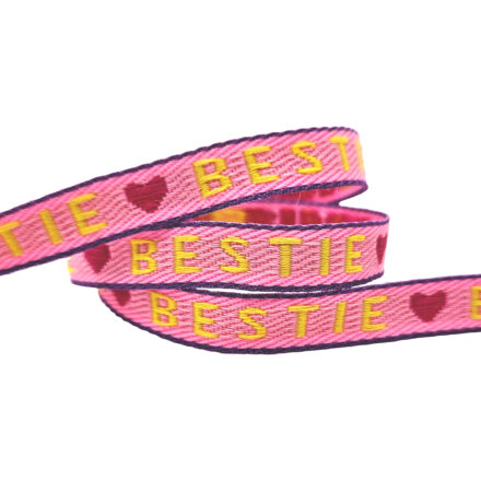 Lint met tekst BESTIE  roze 10mm 1 meter