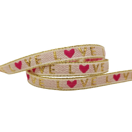 Armbanden lint met tekst love roze beige