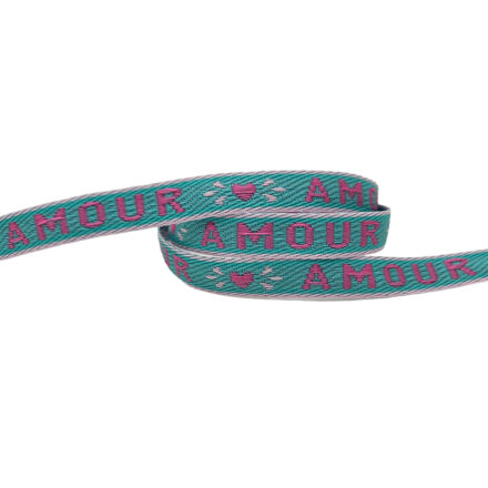 Armband lint amour tekst aqua blauw roze