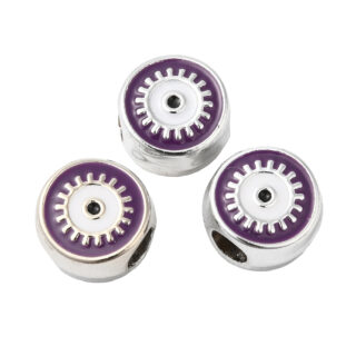 Paars zilveren evil eye kralen plat rond groot gat 4x