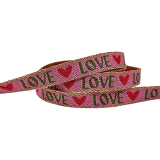 Lint met tekst love roze groen rood goud hartjes