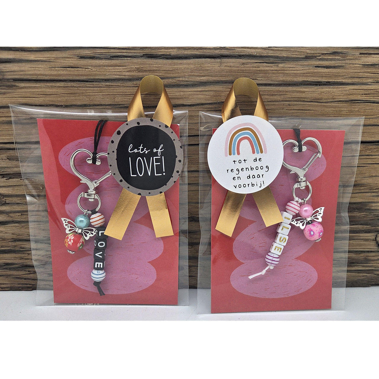 Cadeautje geluksengeltjes met naamsleutelhanger en wenskaartje