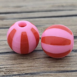 Ronde kralen met strepen rood roze 12mm 2x